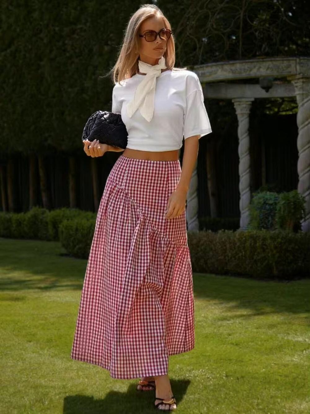 Cosmina (Shein) Red & White Gingham Print Asymmetrical A-Line Prairie Maxi Skirt